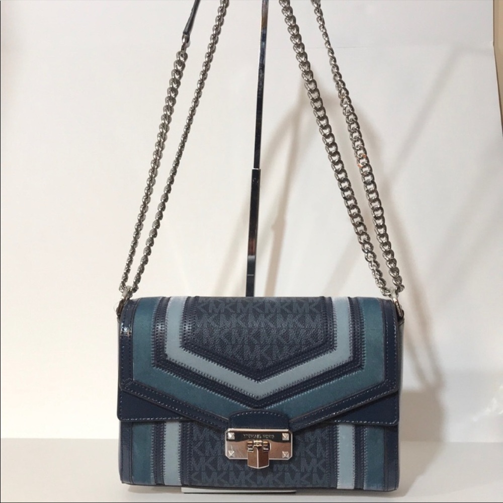 Michael Kors Kinsley Medium shoulder flap bag dark chambray multi color chain - Picture 4 of 8